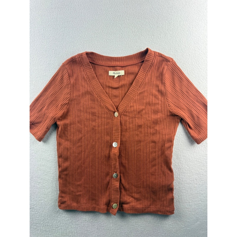 Madewell Womens Short Sleeve Ribbed Cardigan Top Rust Orange V-Neck Size S